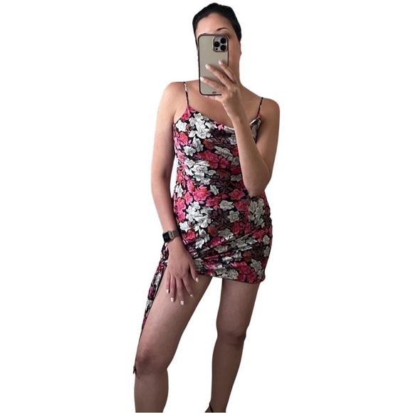 NWT Cinq a Sept Black Floral 100% Silk Mini Slip Dress w/ Side Tie Size 6 - Picture 4 of 9